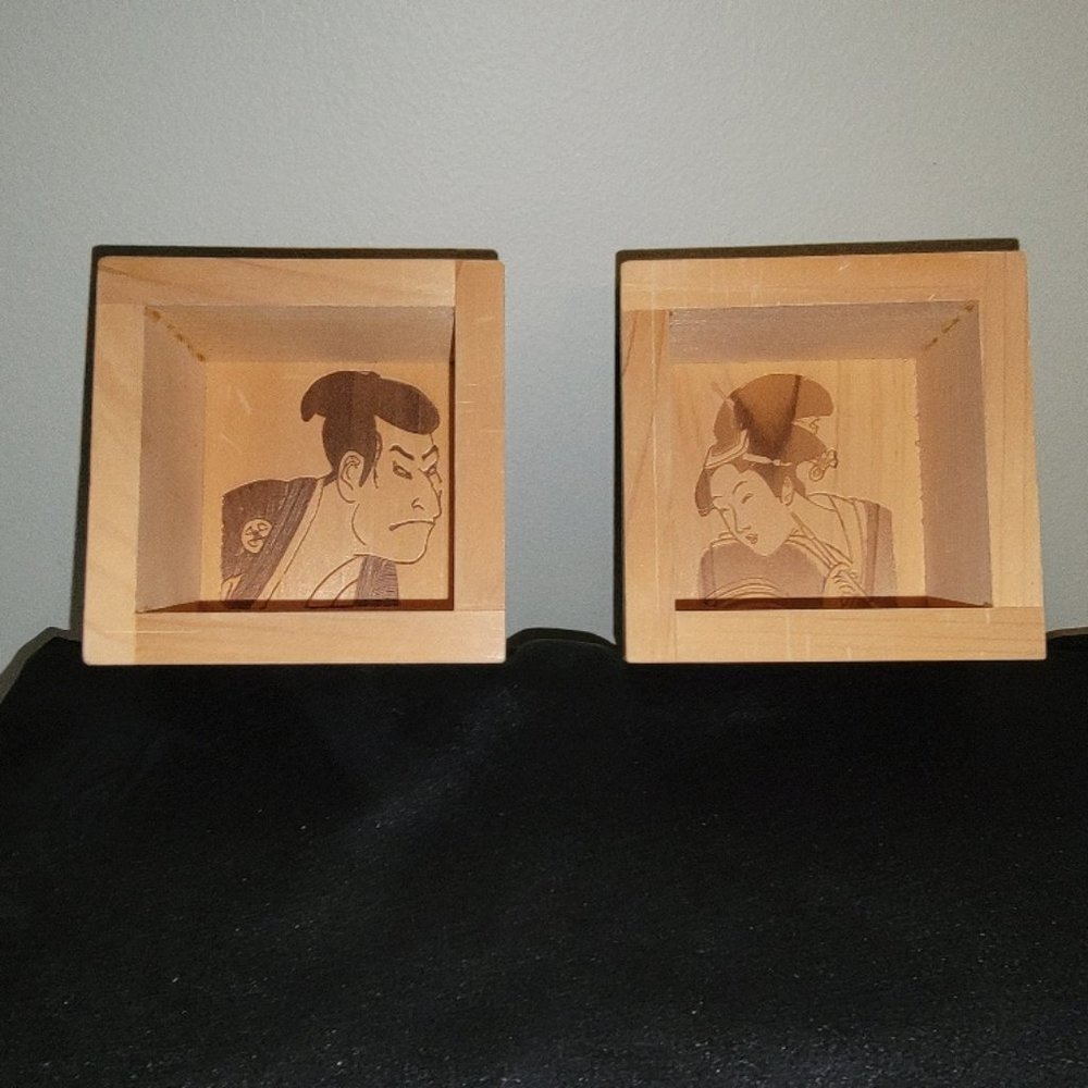 Vintage Wooden Japanese Masu Sake Cups (set of two) Kotobuki